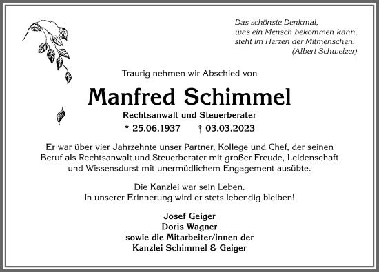 Traueranzeige von Manfred Schimmel von Allgäuer Anzeigeblatt