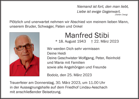 Traueranzeige von Manfred Stibi von Der Westallgäuer