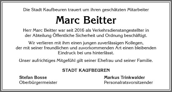 Traueranzeige von Marc Beitter von Allgäuer Zeitung, Kaufbeuren/Buchloe