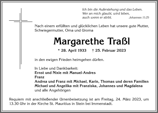 Traueranzeige von Margarethe Traßl von Allgäuer Anzeigeblatt