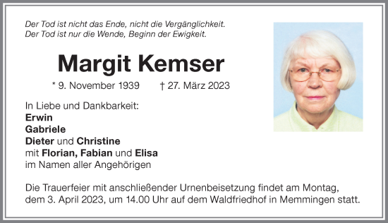 Traueranzeige von Margit Kemser von Memminger Zeitung