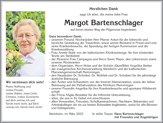 Traueranzeige von Margot Bartenschlager von Memminger Zeitung