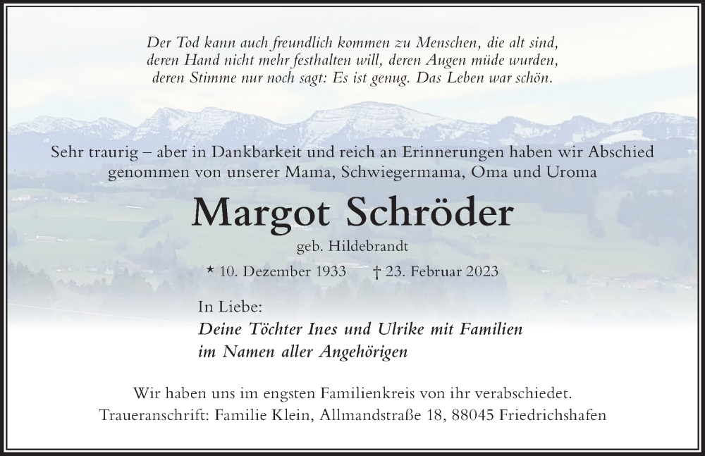  Traueranzeige für Margot Schröder vom 15.03.2023 aus Der Westallgäuer