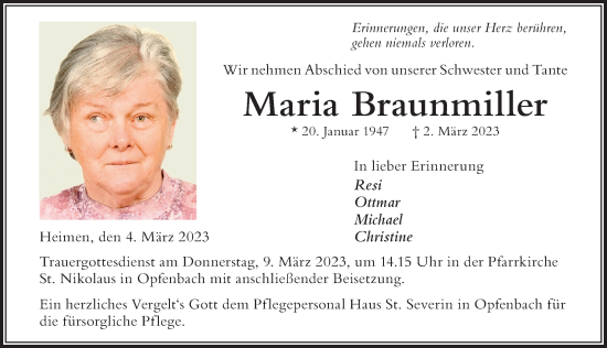 Traueranzeige von Maria Braunmiller von Der Westallgäuer