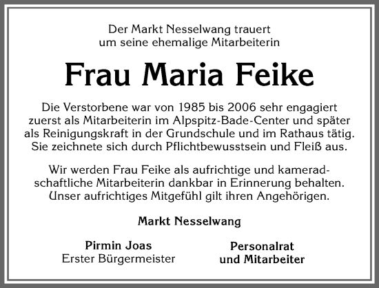 Traueranzeige von Maria Feike von Allgäuer Zeitung, Füssen