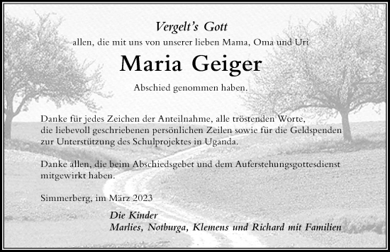 Traueranzeige von Maria Geiger von Der Westallgäuer