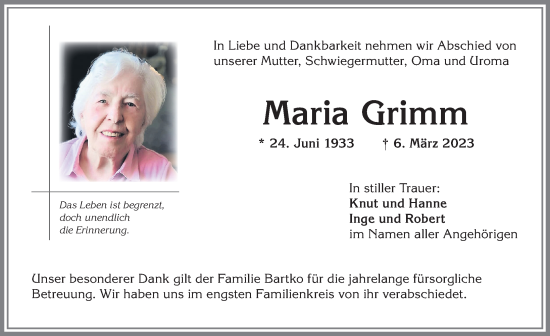 Traueranzeige von Maria Grimm von Allgäuer Anzeigeblatt