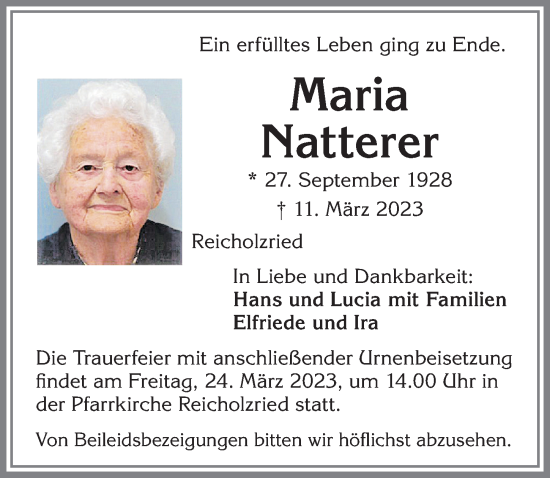 Traueranzeige von Maria Natterer von Allgäuer Zeitung,Kempten
