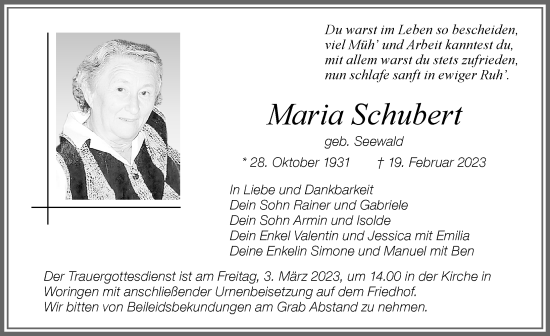 Traueranzeige von Maria Schubert von Memminger Zeitung