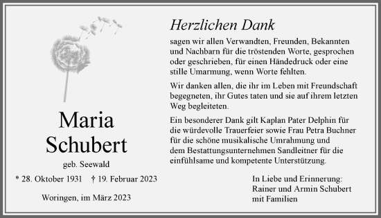 Traueranzeige von Maria Schubert von Memminger Zeitung