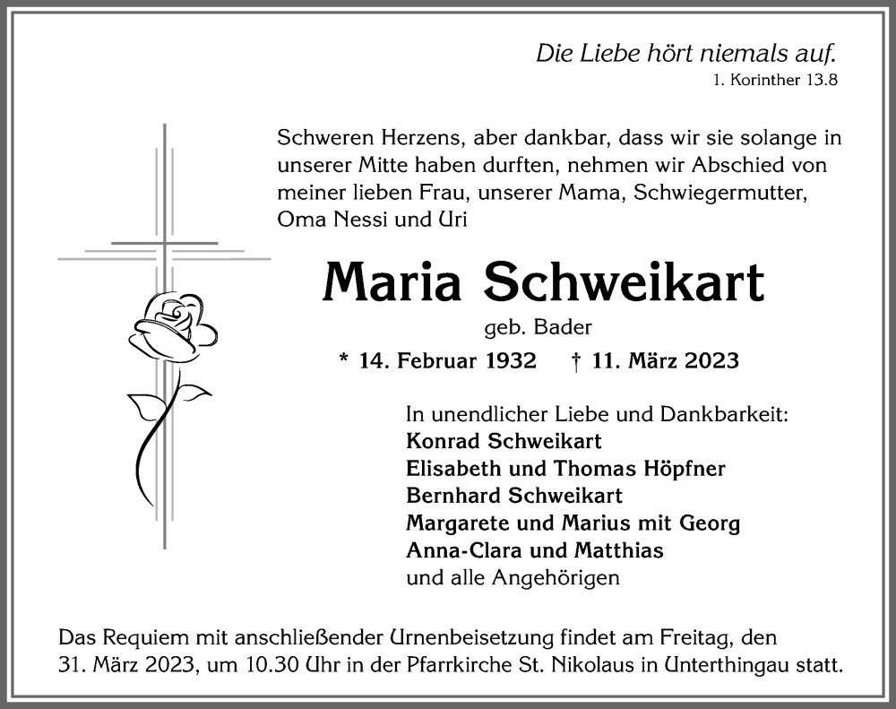  Traueranzeige für Maria Schweikart vom 25.03.2023 aus Allgäuer Zeitung, Marktoberdorf