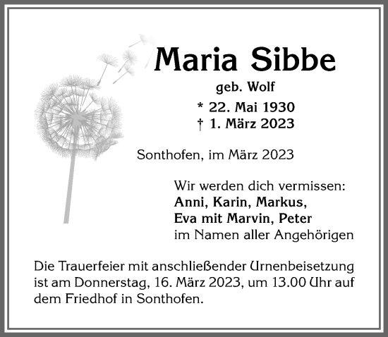 Traueranzeige von Maria Sibbe von Allgäuer Anzeigeblatt