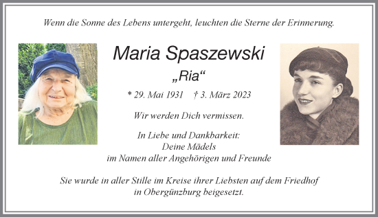 Traueranzeige von Maria Spaszewski von Allgäuer Zeitung, Marktoberdorf