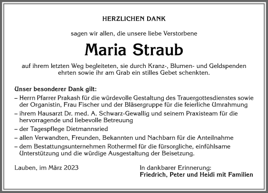 Traueranzeige von Maria Straub von Allgäuer Zeitung,Kempten