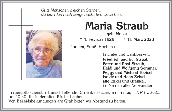 Traueranzeige von Maria Straub von Allgäuer Zeitung,Kempten