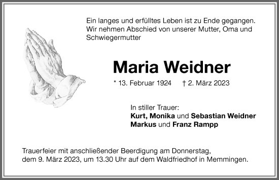 Traueranzeige von Maria Weidner von Memminger Zeitung