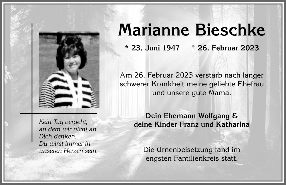  Traueranzeige für Marianne Bieschke vom 21.03.2023 aus Allgäuer Anzeigeblatt
