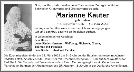 Traueranzeige von Marianne Kauter von Memminger Zeitung