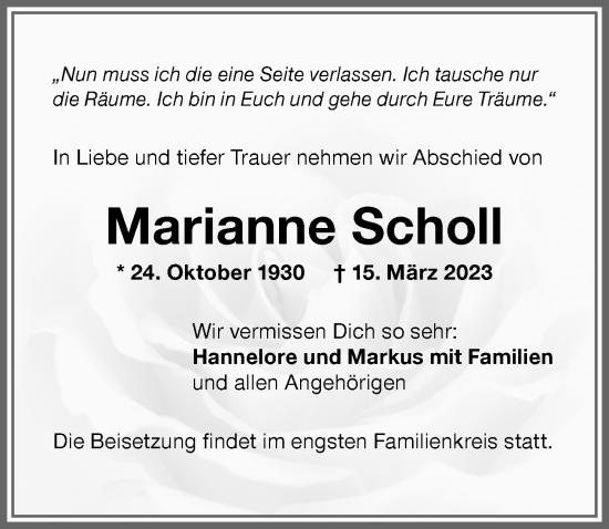 Traueranzeige von Marianne Scholl von Memminger Zeitung
