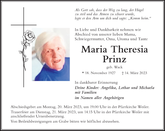 Traueranzeige von Maria Theresia Prinz von Der Westallgäuer