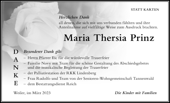 Traueranzeige von Maria Thersia Prinz von Der Westallgäuer