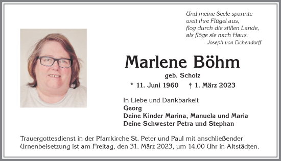 Traueranzeige von Marlene Böhm von Allgäuer Anzeigeblatt