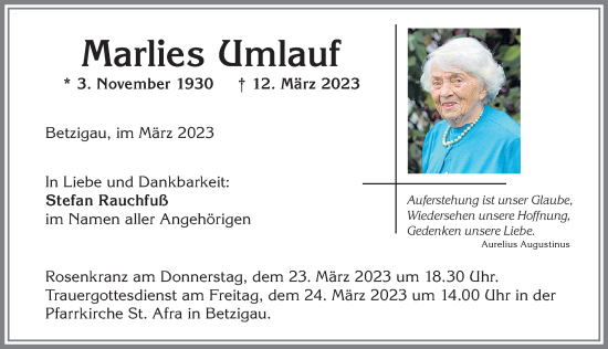 Traueranzeige von Marlies Umlauf von Allgäuer Zeitung,Kempten