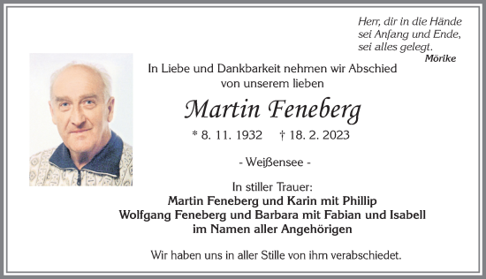 Traueranzeige von Martin Feneberg von Allgäuer Zeitung, Füssen