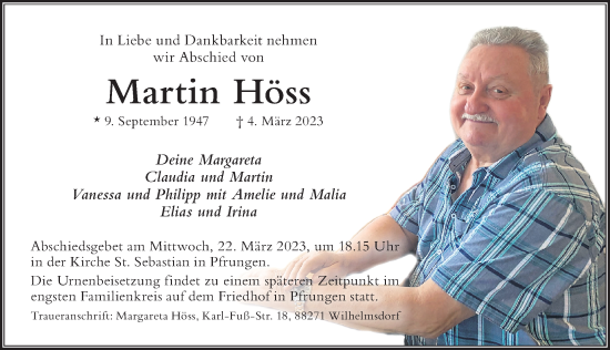 Traueranzeige von Martin Höss von Der Westallgäuer