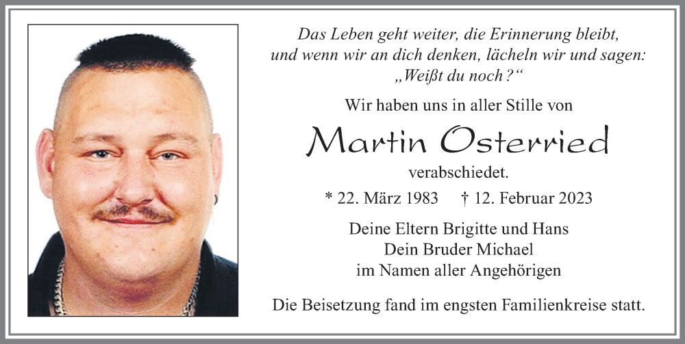  Traueranzeige für Martin Osterried vom 03.03.2023 aus Allgäuer Zeitung, Marktoberdorf