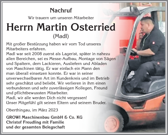 Traueranzeige von Martin Osterried von Allgäuer Zeitung, Marktoberdorf