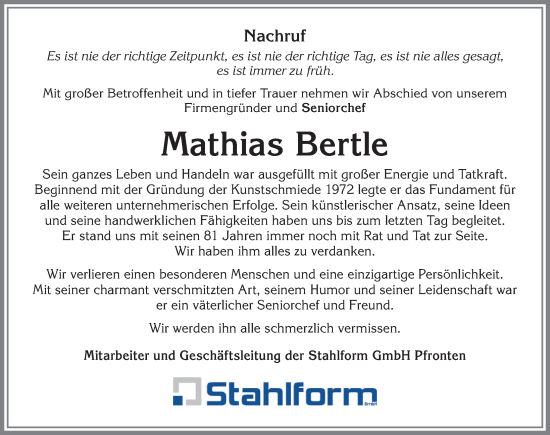 Traueranzeige von Mathias Bertle von Allgäuer Zeitung, Füssen
