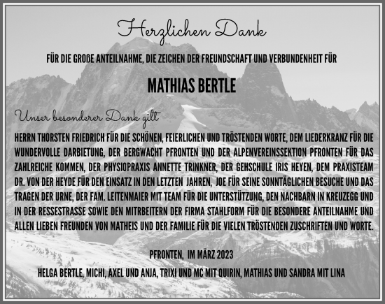 Traueranzeige von Mathias Bertle von Allgäuer Zeitung, Füssen