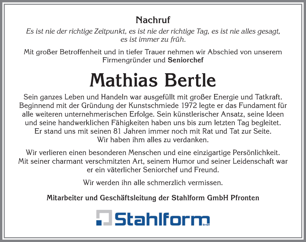  Traueranzeige für Mathias Bertle vom 16.03.2023 aus Allgäuer Zeitung, Füssen