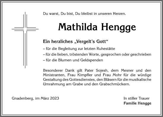 Traueranzeige von Mathilda Hengge von Allgäuer Anzeigeblatt