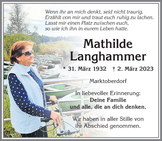 Traueranzeige von Mathilde Langhammer von Allgäuer Zeitung, Marktoberdorf