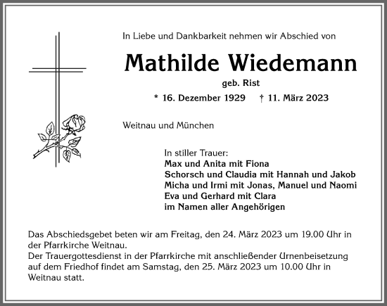 Traueranzeige von Mathilde Wiedemann von Allgäuer Zeitung,Kempten