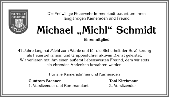 Traueranzeige von Michael Schmidt von Allgäuer Anzeigeblatt
