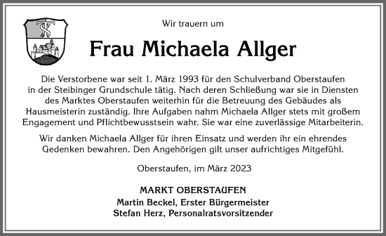 Traueranzeige von Michaela Allger von Allgäuer Anzeigeblatt