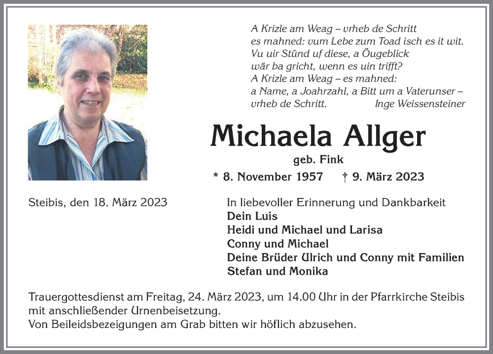 Traueranzeige für Michaela Allger vom 18.03.2023 aus Allgäuer Anzeigeblatt