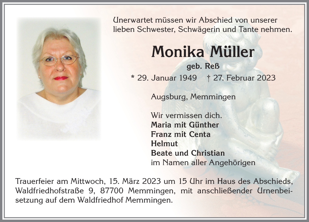  Traueranzeige für Monika Müller vom 13.03.2023 aus Memminger Zeitung