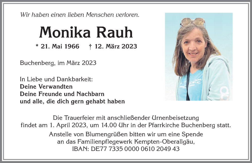  Traueranzeige für Monika Rauh vom 29.03.2023 aus Allgäuer Zeitung,Kempten