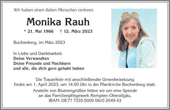 Traueranzeige von Monika Rauh von Allgäuer Zeitung,Kempten