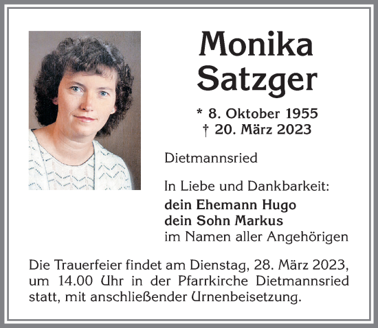 Traueranzeige von Monika Satzger von Allgäuer Zeitung,Kempten