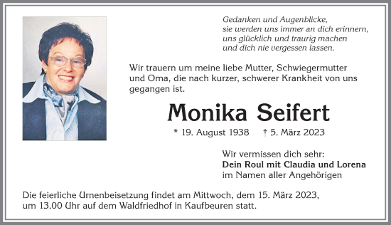 Traueranzeige von Monika Seifert von Allgäuer Zeitung, Marktoberdorf