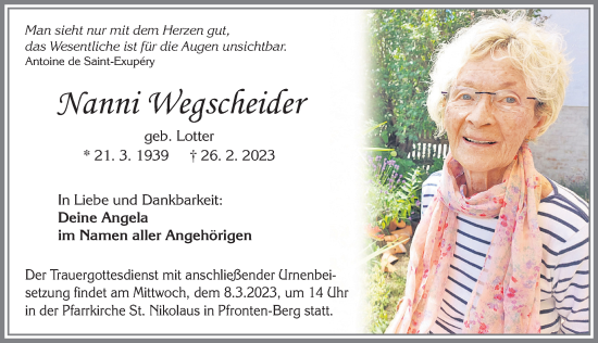 Traueranzeige von Nanni Wegscheider von Allgäuer Zeitung, Füssen