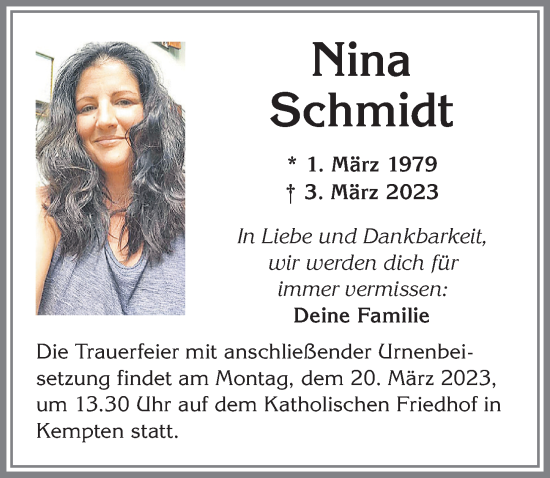 Traueranzeige von Nina Schmidt von Allgäuer Zeitung,Kempten