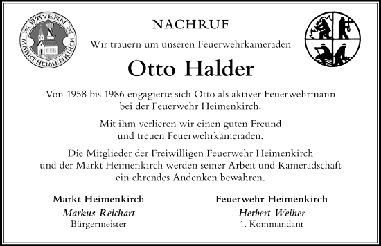 Traueranzeige von Otto Halder von Der Westallgäuer