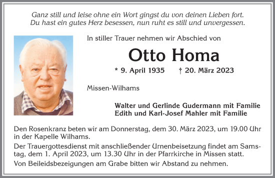 Traueranzeige von Otto Homa von Allgäuer Anzeigeblatt
