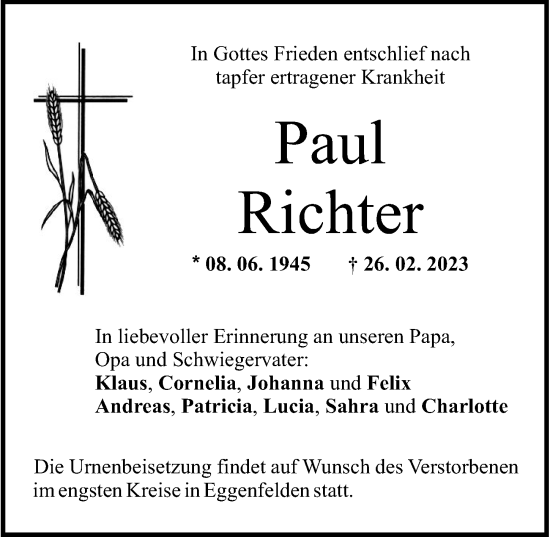 Traueranzeige von Paul Richter von Allgäuer Zeitung, Kaufbeuren/Buchloe